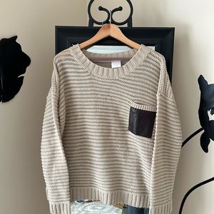 Cute cream sweater with faux leather pocket